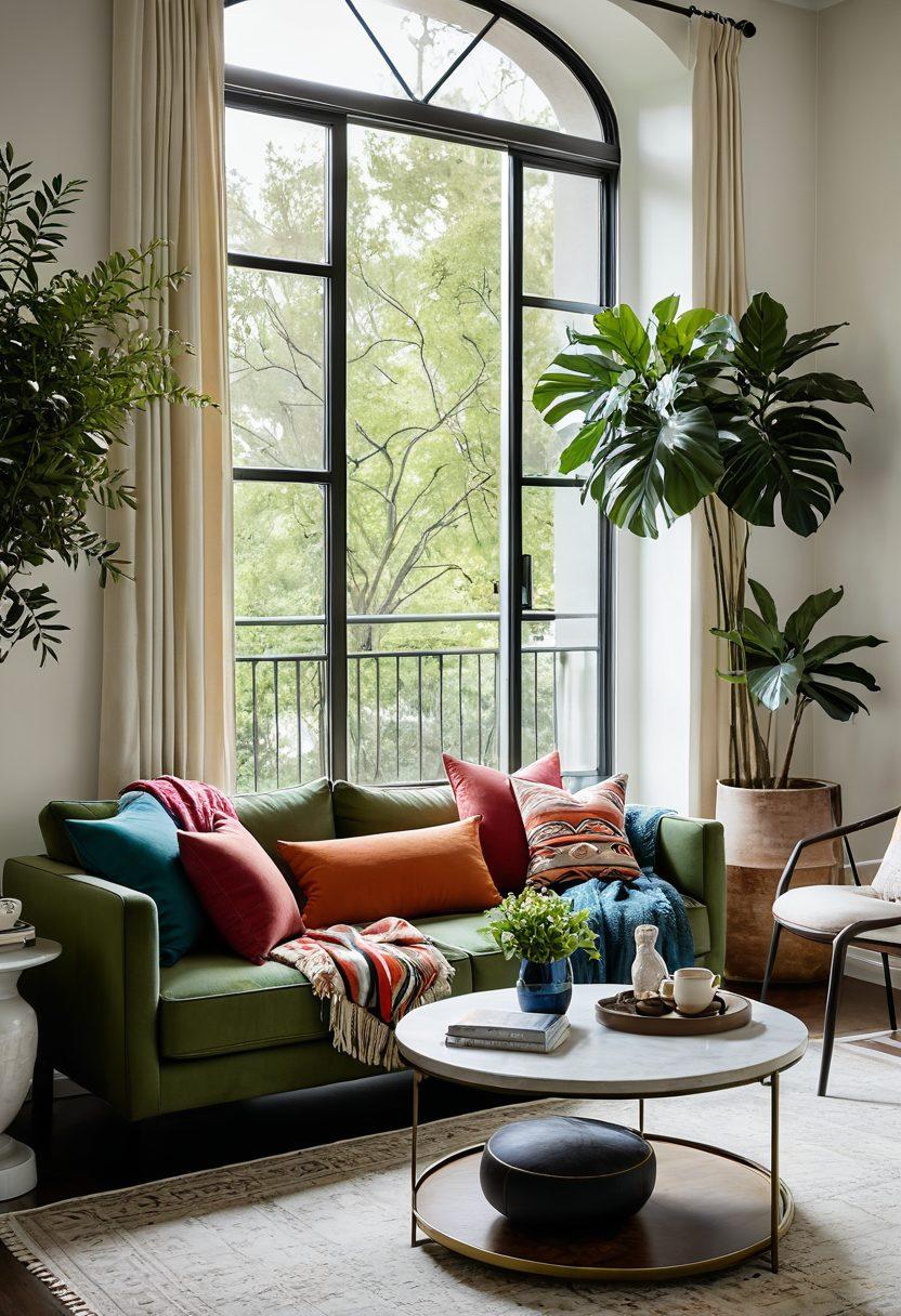 A beautifully styled living room showcasing a mix of chic accessories like colorful throw pillows, elegant vases, and modern art pieces, alongside functional furniture such as a sleek coffee table and a cozy armchair. Natural light pours in from a large window, highlighting the warm earth tones and inviting textures. Include a lush green plant for a touch of nature. super-realistic. vibrant colors.