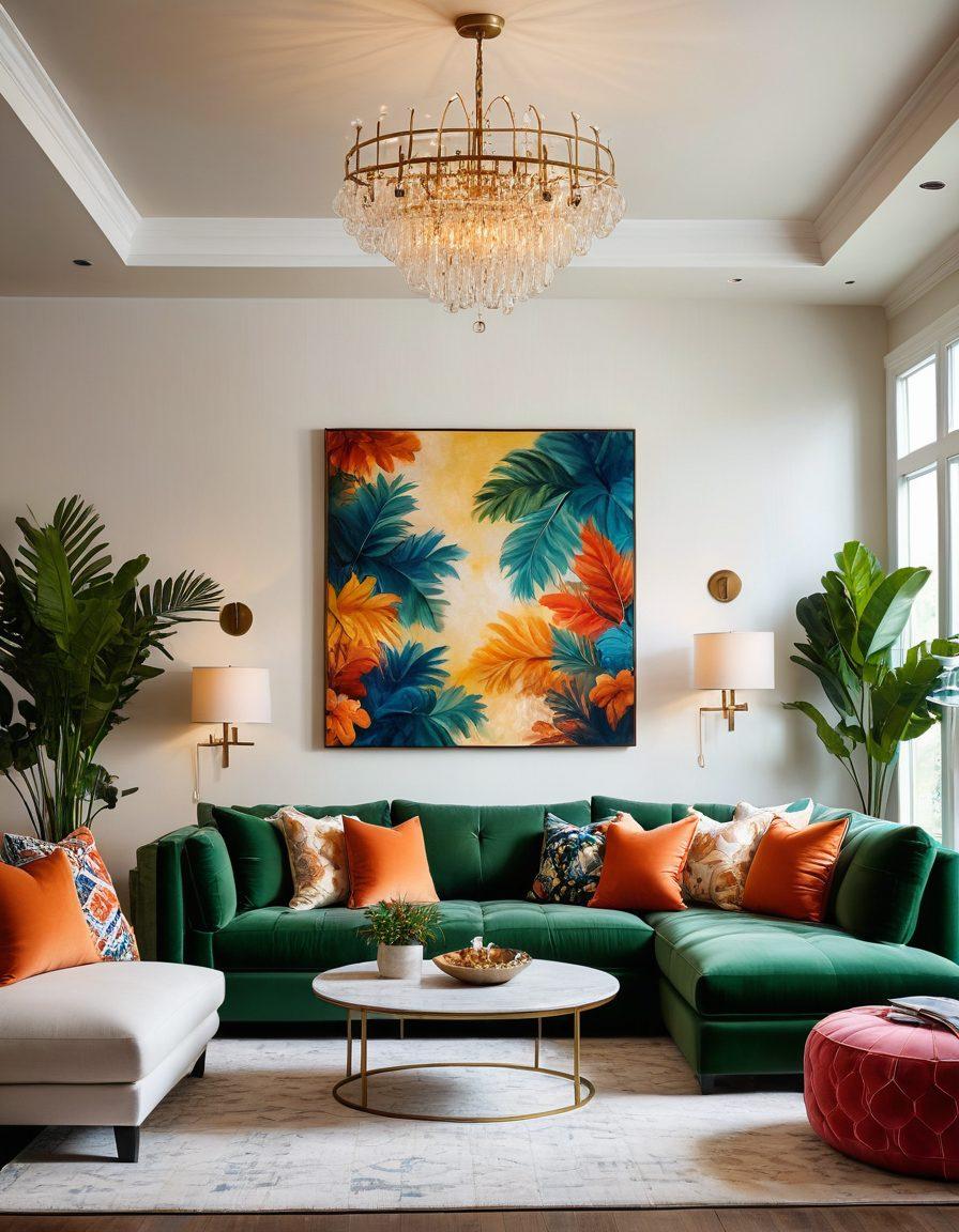 A beautifully designed living room showcasing the latest home decor trends, featuring a mix of modern furniture styles, vibrant throw pillows, and greenery. Include a stunning chandelier, unique wall art, and an inviting layout that emphasizes comfort and coziness. The scene should capture a blend of textures and colors that reflect a chic, stylish atmosphere. super-realistic. vibrant colors. cozy ambiance.