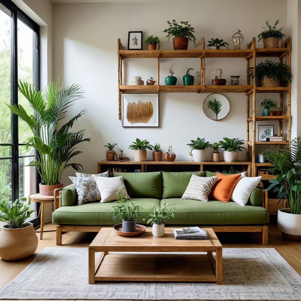 A stylish living room showcasing chic and sustainable furniture, featuring a modern wooden sofa with organic fabric cushions, a reclaimed wood coffee table, and vibrant green potted plants. Natural light floods the space, highlighting eco-friendly decor elements like bamboo shelves and recycled art pieces. The overall atmosphere should evoke a sense of elegance and mindfulness towards the environment. super-realistic. vibrant colors. natural lighting.